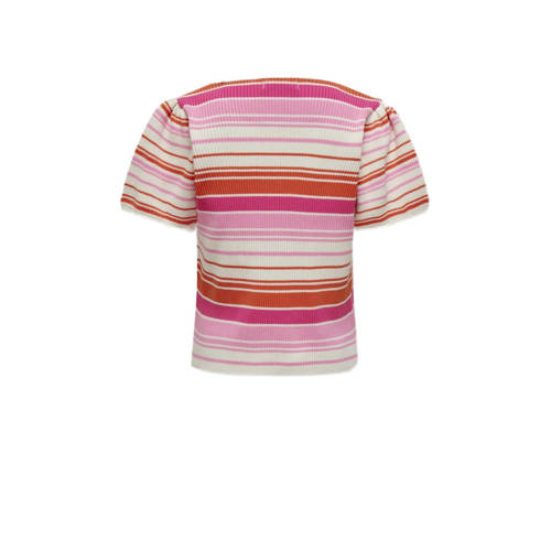 Only KIDS GIRL gestreepte ribgebreide top KOGBIANKA roze ecru oranje Meisjes Polyester Ronde hals 122 128
