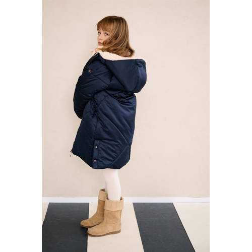NONO quilted gewatteerde winterjas Beetle donkerblauw Meisjes Polyester Capuchon 122 128
