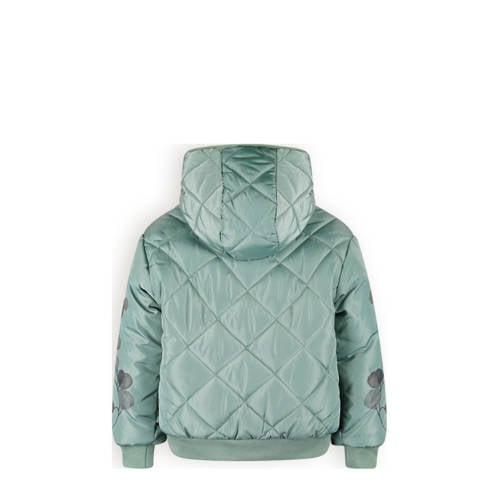 NONO reversible gewatteerde winterjas Bomby met bladprint lichtgroen beige Meisjes Polyester Capuchon 104