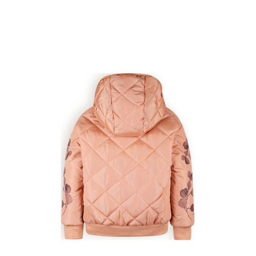 NONO reversible gewatteerde winterjas Bomby met bladprint taupe lichtroze Meisjes Polyester Capuchon 110