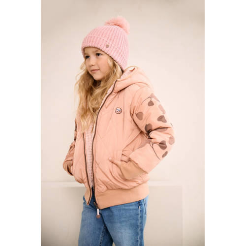NONO reversible gewatteerde winterjas Bomby met bladprint taupe lichtroze Meisjes Polyester Capuchon 110