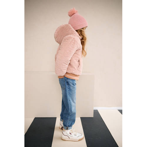 NONO reversible gewatteerde winterjas Bomby met bladprint taupe lichtroze Meisjes Polyester Capuchon 110
