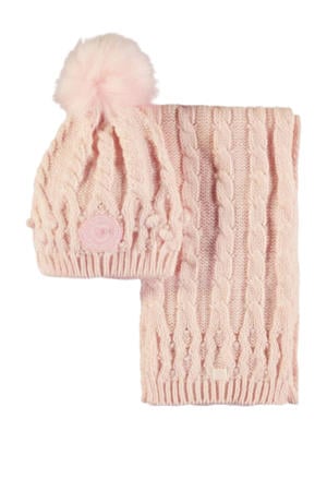 gebreide muts met sjaal roze