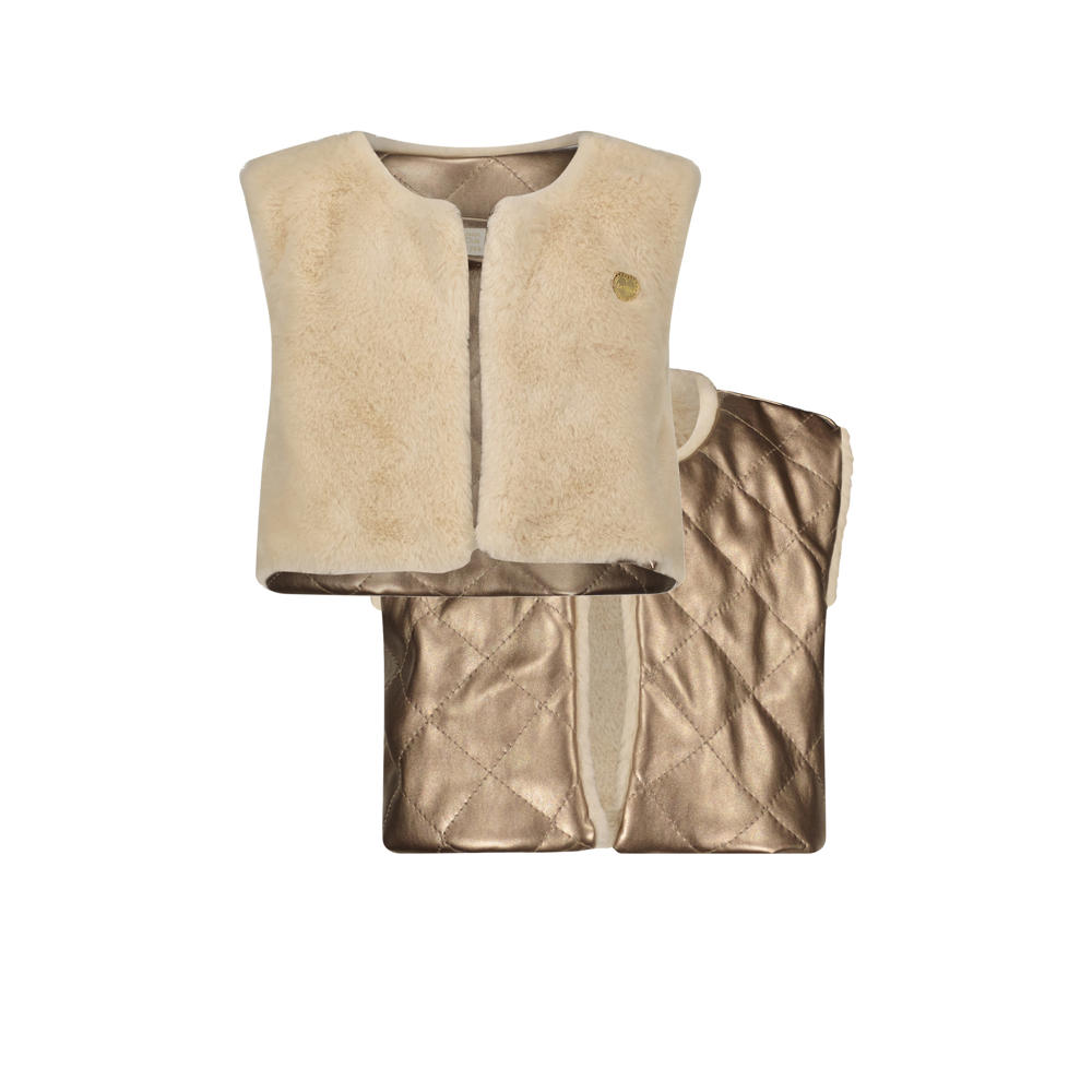 Ecru, ivoor en gouden meisjes Le Chic reversible gilet van teddy materiaal met openvallende hals en glimmend detail