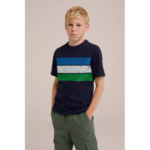 WE Fashion gestreept T-shirt donkerblauw blauw groen Jongens Katoen Ronde hals 146 152