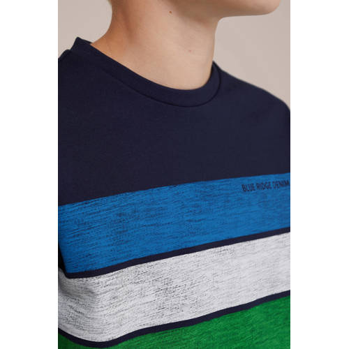 WE Fashion gestreept T-shirt donkerblauw blauw groen Jongens Katoen Ronde hals 146 152