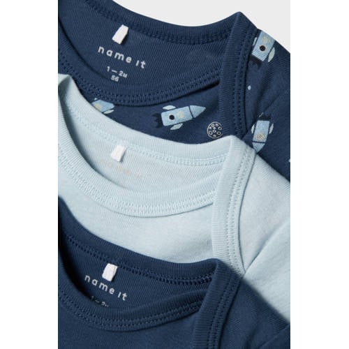 name it BABY romper NBMBODY set van 3 donkerblauw lichtblauw Jongens Katoen Ronde hals 74