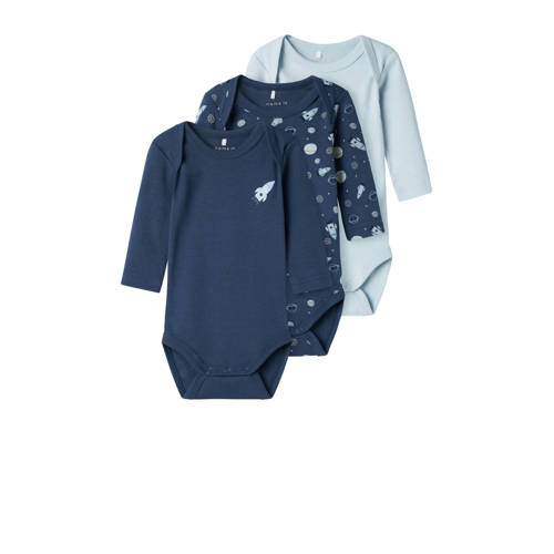 NAME IT BABY romper NBMBODY - set van 3 donkerblauw/lichtblauw Jongens Katoen Ronde hals - maat 74 afbeelding