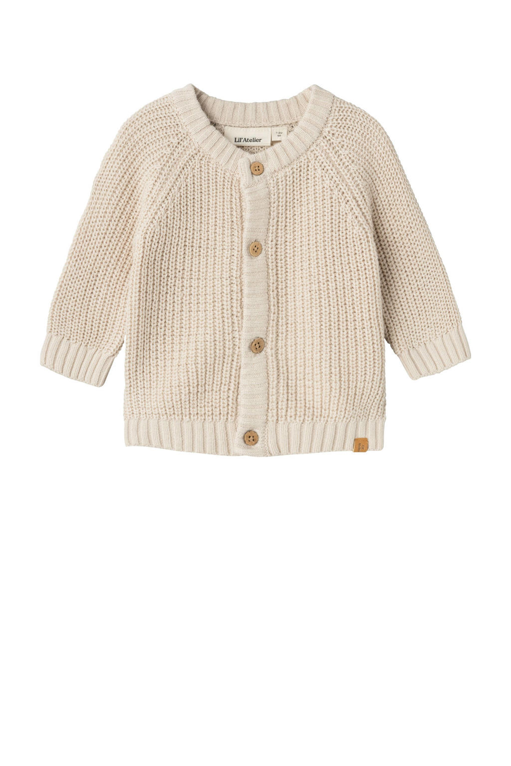 Zandkleurige jongens LIL' ATELIER BABY baby gebreid vest van katoen met effen, lange mouwen, ronde hals en knoopsluiting
