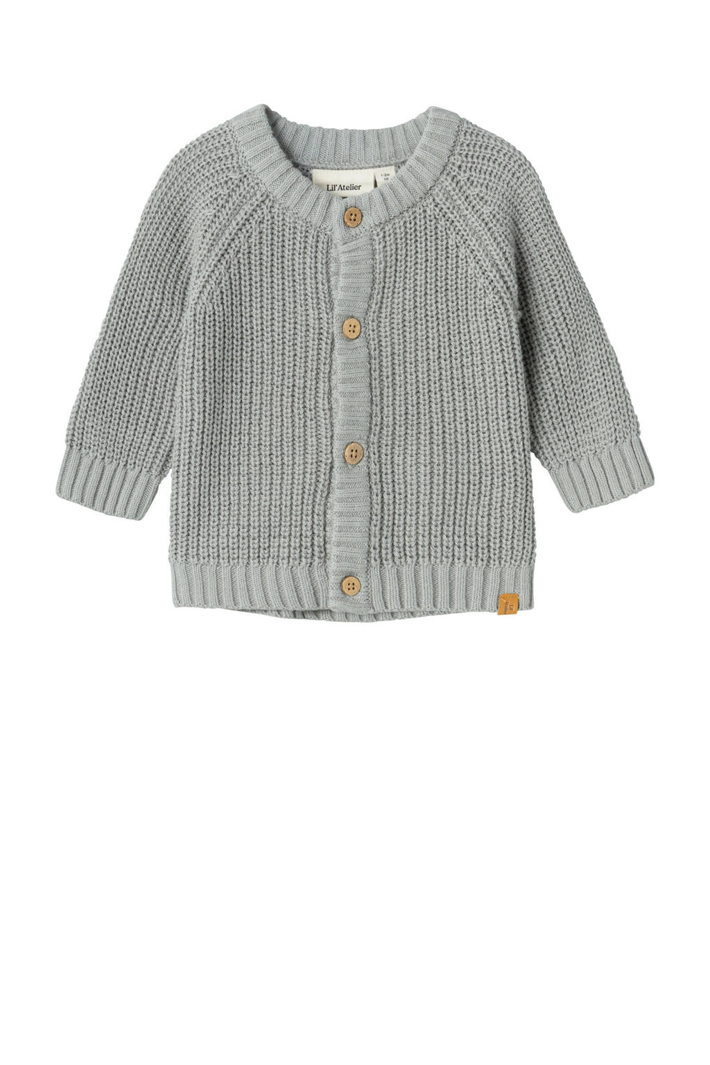 Grijze jongens LIL' ATELIER BABY baby gebreid vest van katoen met effen, lange mouwen, ronde hals en knoopsluiting