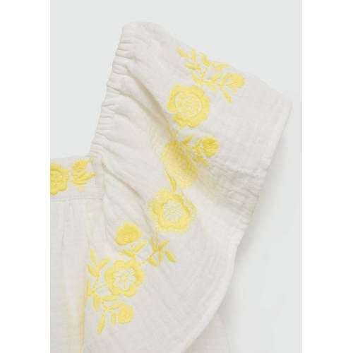Mango Kids A-lijn jurk met borduursels wit geel Meisjes Mousseline Vierkante hals 146