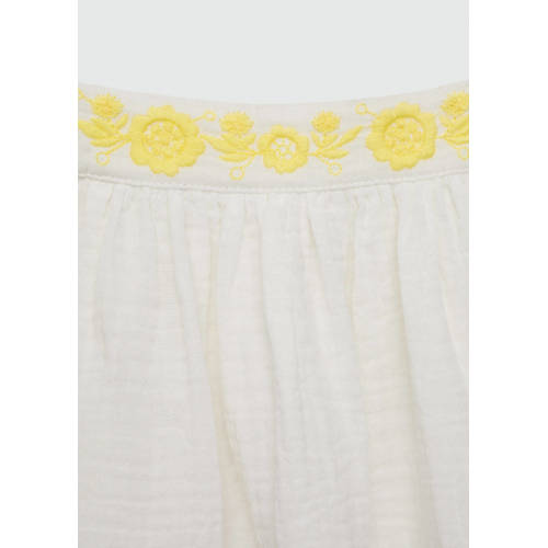 Mango Kids A-lijn jurk met borduursels wit geel Meisjes Mousseline Vierkante hals 146