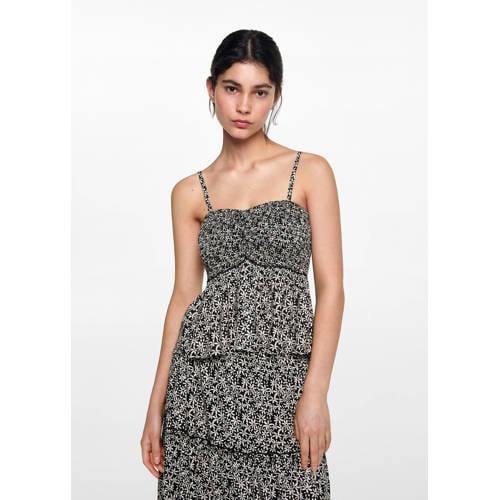 MANGO TEENS gebloemde spaghettitop zwart wit Meisjes Viscose Vierkante hals 164(S)