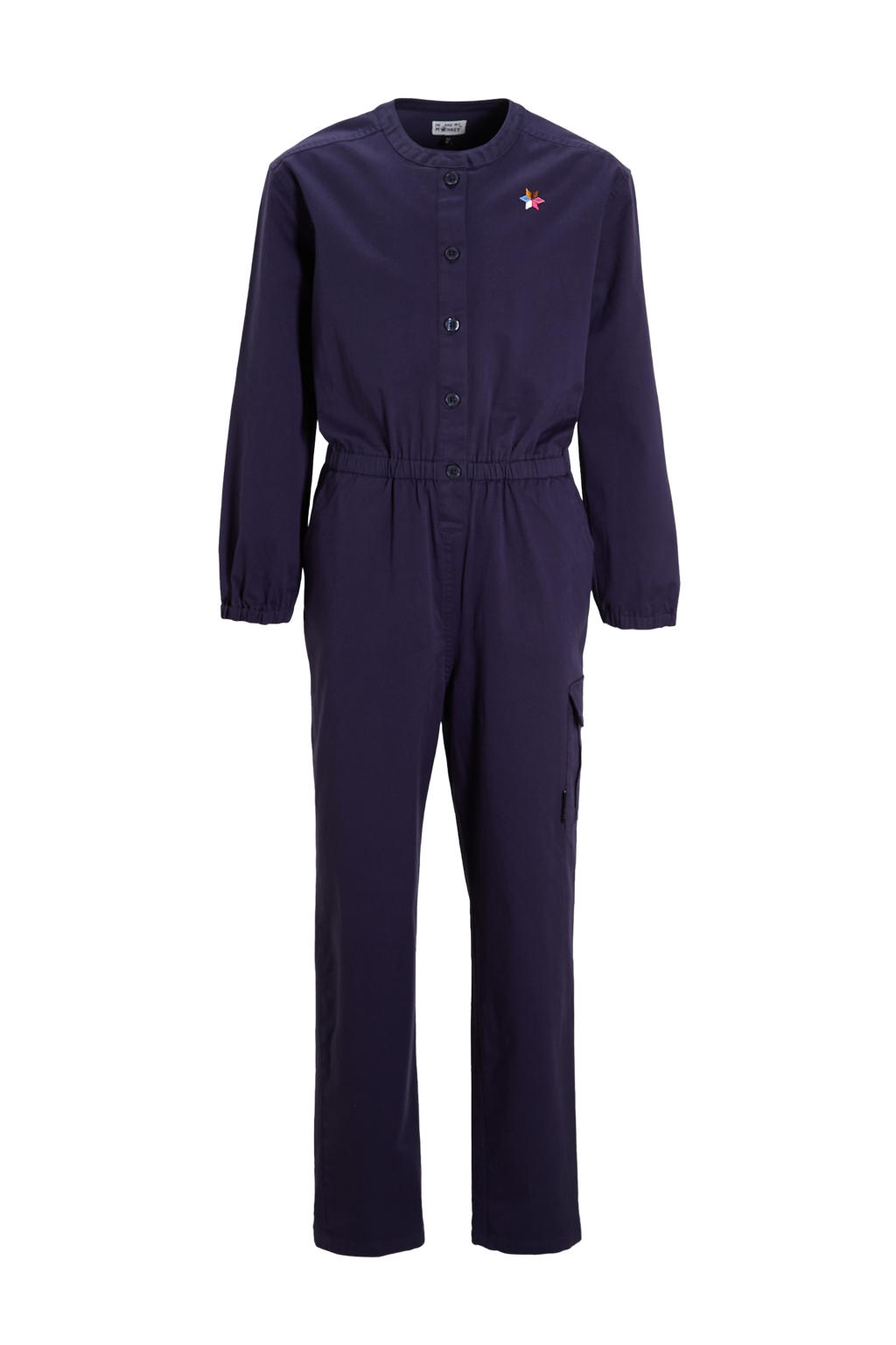 Blauwe meisjes Me & My Monkey boilersuit Roxanne van katoen met effen, lange mouwen en ronde hals