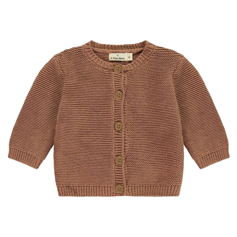Bruine jongens en meisjes A Tiny Story baby gebreid vest met effen, lange mouwen en ronde hals