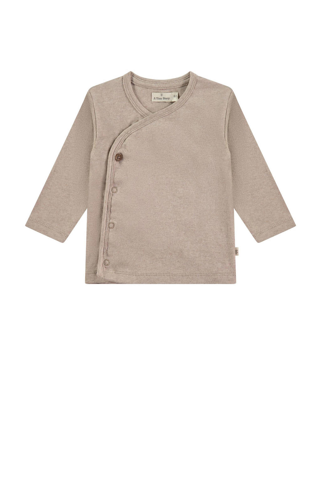 Beige jongens en meisjes A Tiny Story baby longsleeve met effen, lange mouwen, ronde hals, drukknoopsluiting en overslag detail
