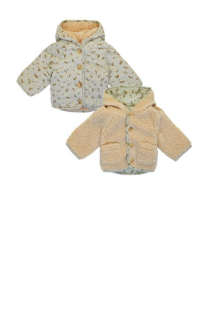 reversible teddy winterjas met all over print lichtblauw/beige