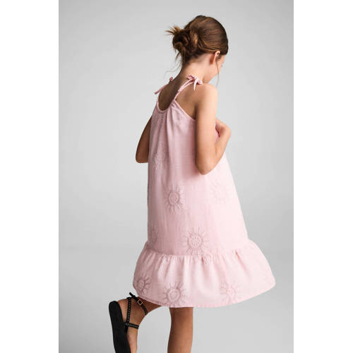 Mango Kids jurk met all over print en borduursels pastelroze Meisjes Katoen Ronde hals 116