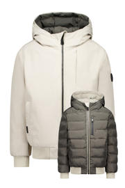 thumbnail: Ecru en bruine jongens Airforce reversible gewatteerde winterjas van polyester met effen, lange mouwen, capuchon en ritssluiting