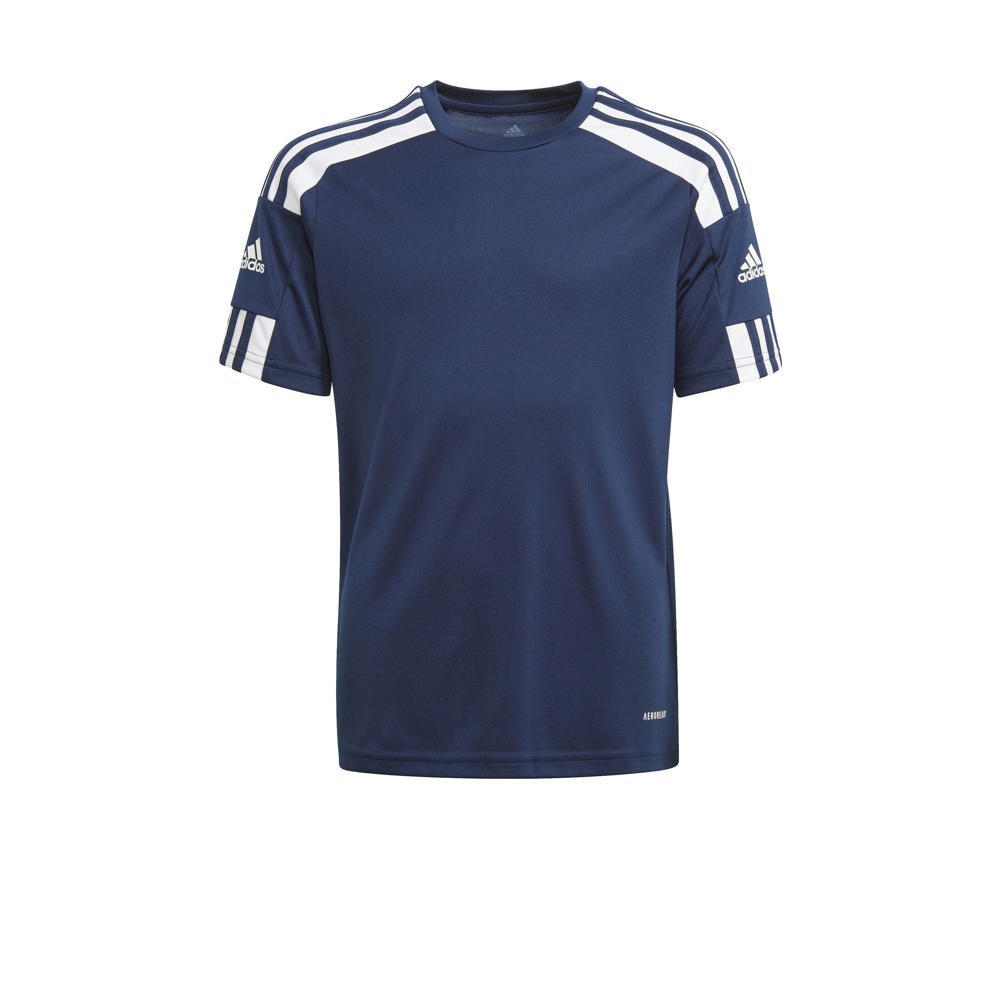 Donkerblauw en witte jongens en meisjes adidas Performance Junior voetbalshirt Squad 21 van polyester met korte mouwen en ronde hals