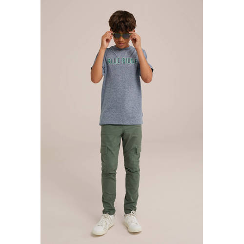 WE Fashion T-shirt met tekst donkerblauw wit groen Jongens Katoen Ronde hals 110 116