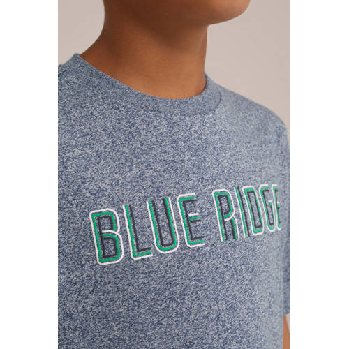 WE Fashion T-shirt met tekst donkerblauw wit groen Jongens Katoen Ronde hals 98 104
