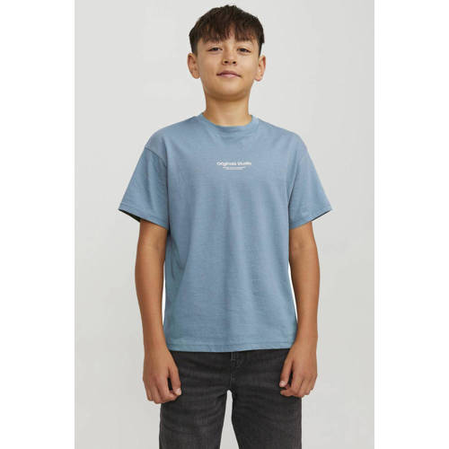 jack & jones JUNIOR T-shirt KORVESTERBRO met tekst Blauw Jongens Katoen Ronde hals 176