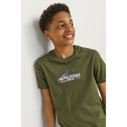 jack & jones JUNIOR T-shirt JCOMOUNTAIN met printopdruk donkergroen Jongens Denim Ronde hals 176