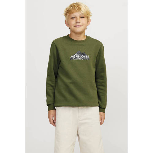 jack & jones JUNIOR sweater JCOMOUNTAIN met printopdruk mosgroen Printopdruk 164