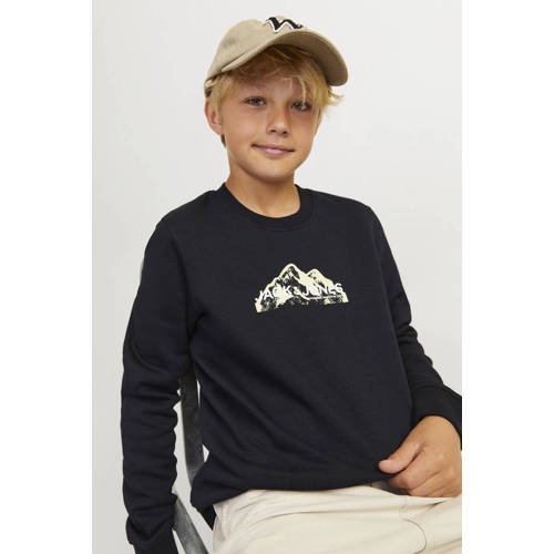 jack & jones JUNIOR sweater JCOMOUNTAIN met printopdruk zwart Printopdruk 176
