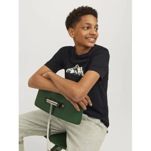 jack & jones JUNIOR T-shirt JCOMOUNTAIN met printopdruk zwart Jongens Denim Ronde hals 140