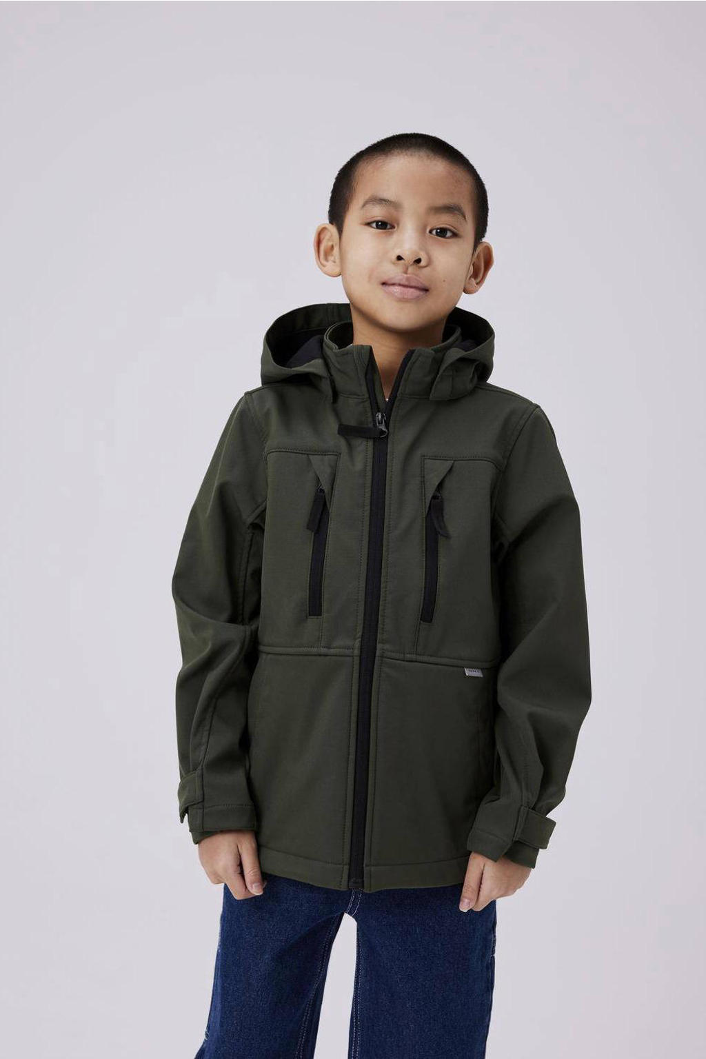 Groene jongens en meisjes NAME IT KIDS softshell jas met effen, lange mouwen en capuchon