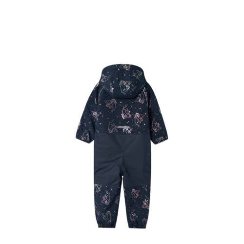 name it MINI softshell buitenspeelpak met all over print donkerblauw roze metallic Jas Jongens Meisjes Polyester Capuchon 110