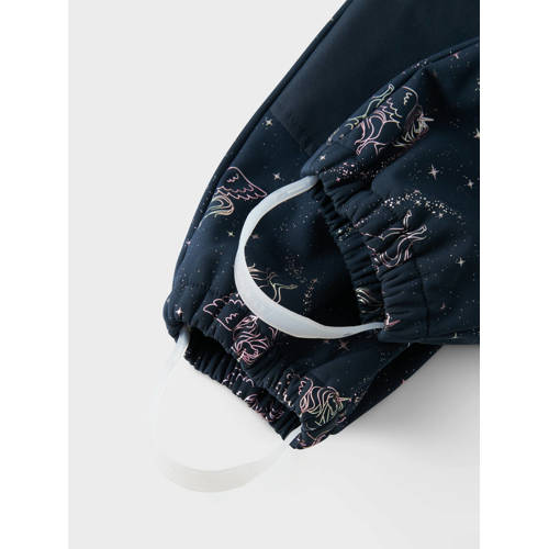 name it MINI softshell buitenspeelpak met all over print donkerblauw roze metallic Jas Jongens Meisjes Polyester Capuchon 110