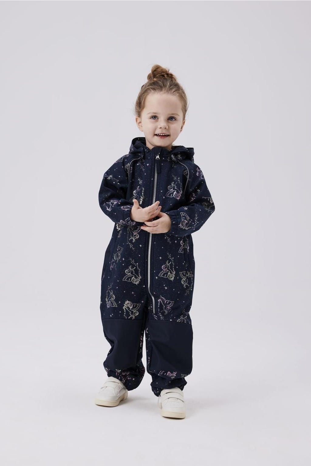 Donkerblauw en roze jongens en meisjes NAME IT MINI softshell buitenspeelpak van polyester met effen, lange mouwen en capuchon