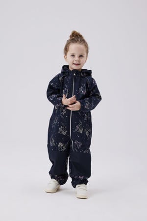 softshell buitenspeelpak met all over print donkerblauw/roze metallic