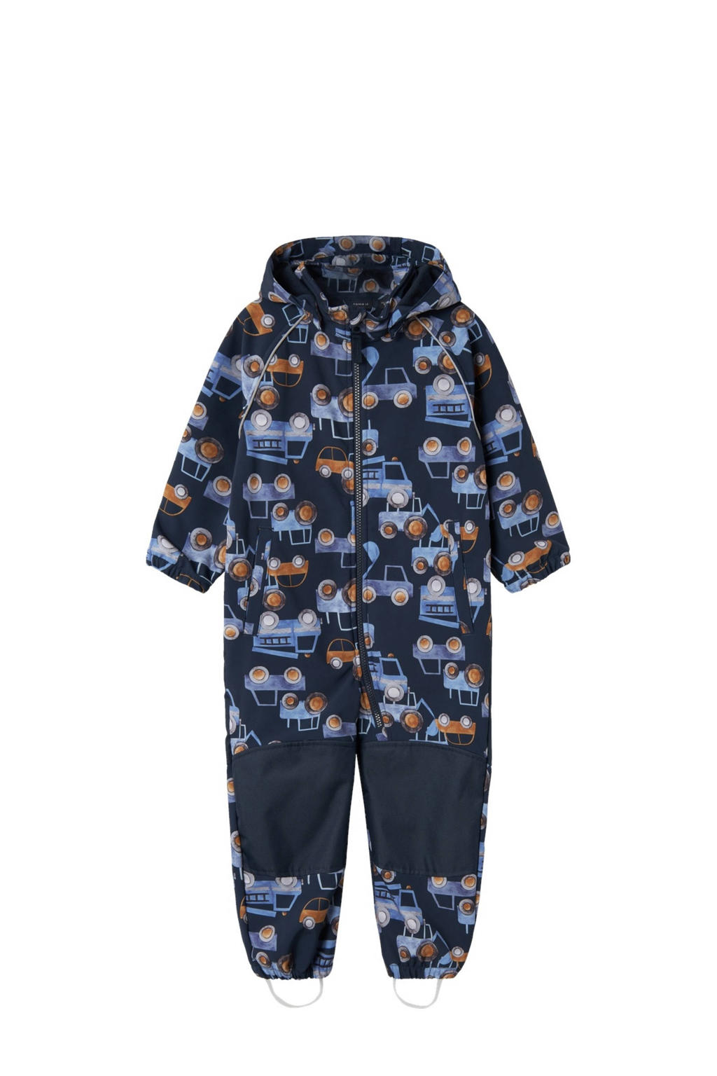 Donkerblauw, lichtblauw en okergele jongens en meisjes NAME IT MINI softshell buitenspeelpak met lange mouwen en capuchon