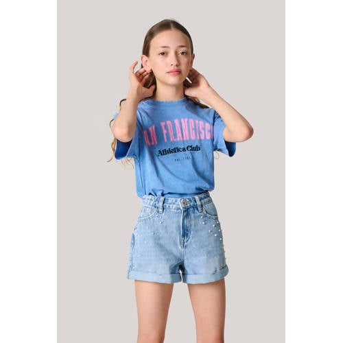 Shoeby high waist regular fit denim short light blue denim Korte broek Blauw Meisjes Katoen 170 176