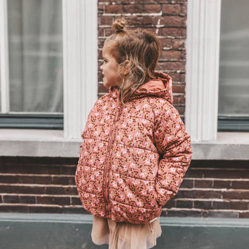 Your Wishes gebloemde gewatteerde winterjas Ovy oudroze Meisjes Polyester Capuchon 122 128