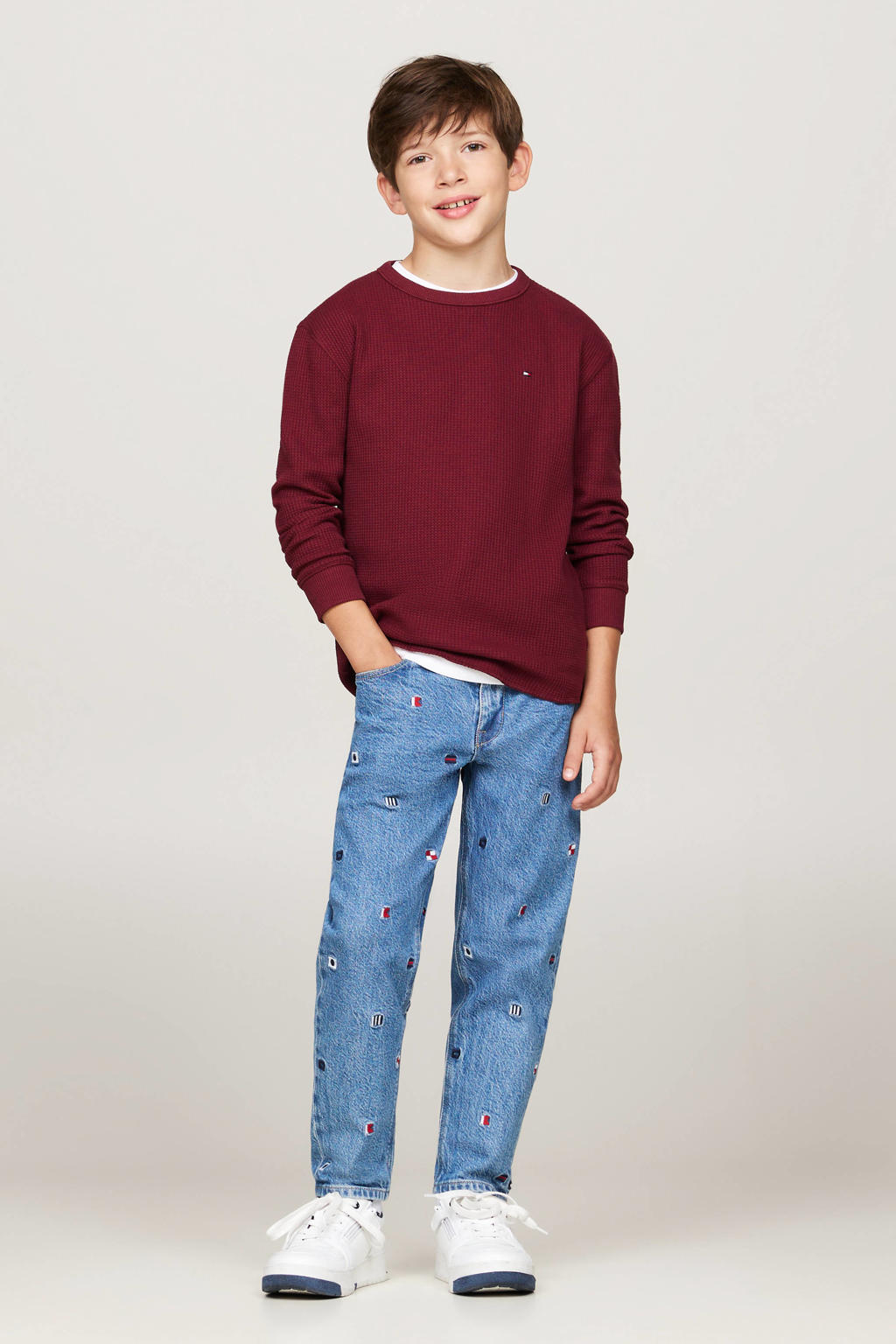Rode jongens Tommy Hilfiger gestreepte longsleeve van katoen met lange mouwen en ronde hals