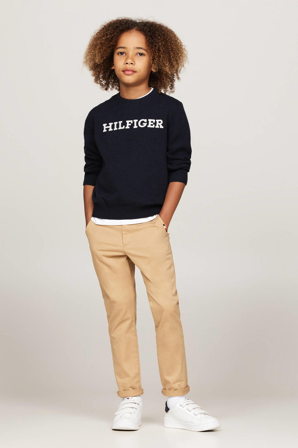 Blauwe jongens Tommy Hilfiger sweater van stretchkatoen met logo dessin, lange mouwen en ronde hals