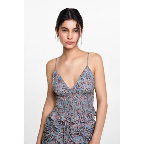 MANGO TEENS spaghettitop met all over print lichtblauw paars roze Meisjes Viscose V-hals 172(L)