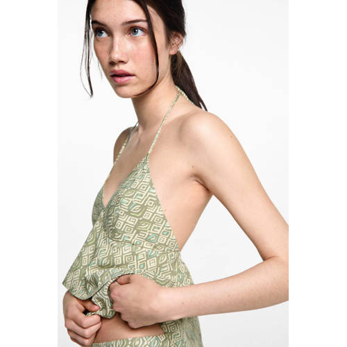 MANGO TEENS spaghettitop met all over print groen Meisjes Viscose V-hals 158(XS)