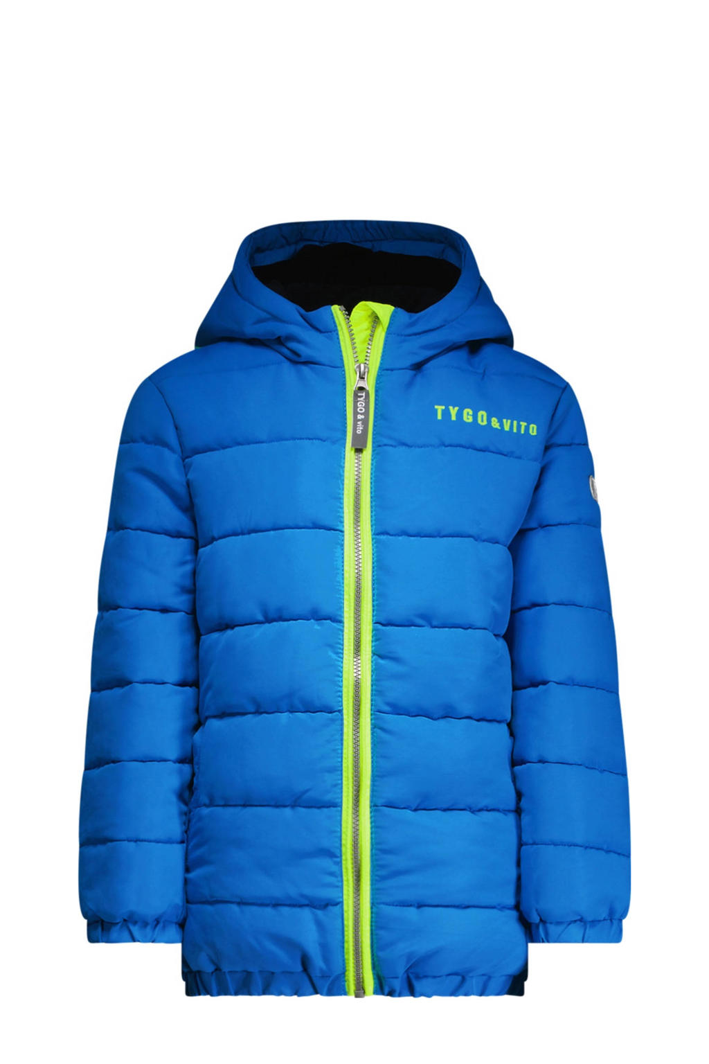 Blauw en neonkleurige jongens TYGO & vito gewatteerde winterjas Jix helderblauw van polyester met effen, lange mouwen, capuchon, ritssluiting en elastische boord