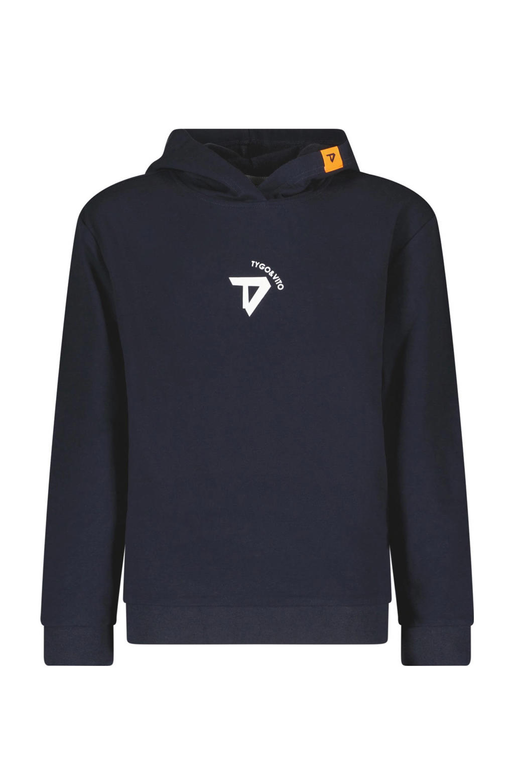Donkerblauwe jongens TYGO & vito NextGen hoodie Dax van sweat materiaal met lange mouwen, capuchon en geribde boorden