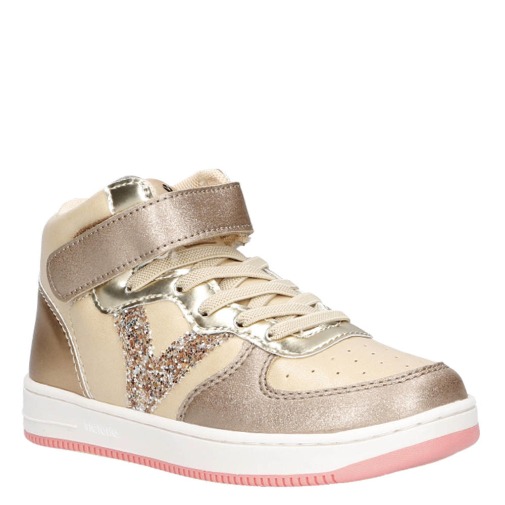 Beige meisjes Victoria sneakers van imitatieleer met elastische veter- met klittenbandsluiting
