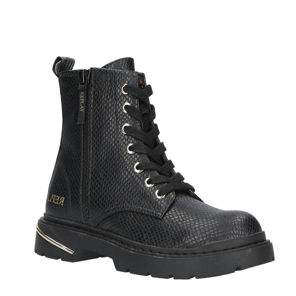 Zwarte meisjes REPLAY Joplin 12a veterboots van 100% pu met chunky hak, rits- en vetersluiting en logo