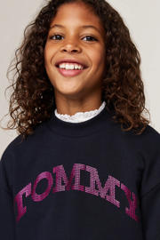 thumbnail: Donkerblauw en roze meisjes Tommy Hilfiger sweater met logo dessin, lange mouwen en ronde hals