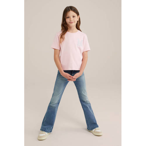 WE Fashion T-shirt met printopdruk en borduursels lichtroze Meisjes Katoen Ronde hals 110 116