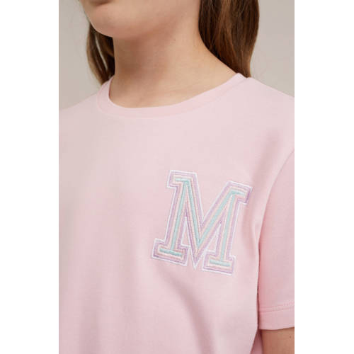 WE Fashion T-shirt met printopdruk en borduursels lichtroze Meisjes Katoen Ronde hals 110 116